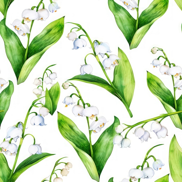 Watercolor lily of the valley flowers with leaves seamless pattern