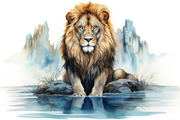 Watercolor lion in lake isolated white background