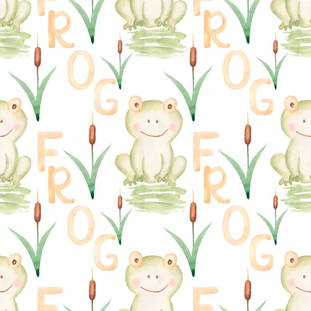 Photo watercolor little frog pattern,alphabet letters, kids repeat paper for fabric, cute frog, children printing design, scrapbook paper