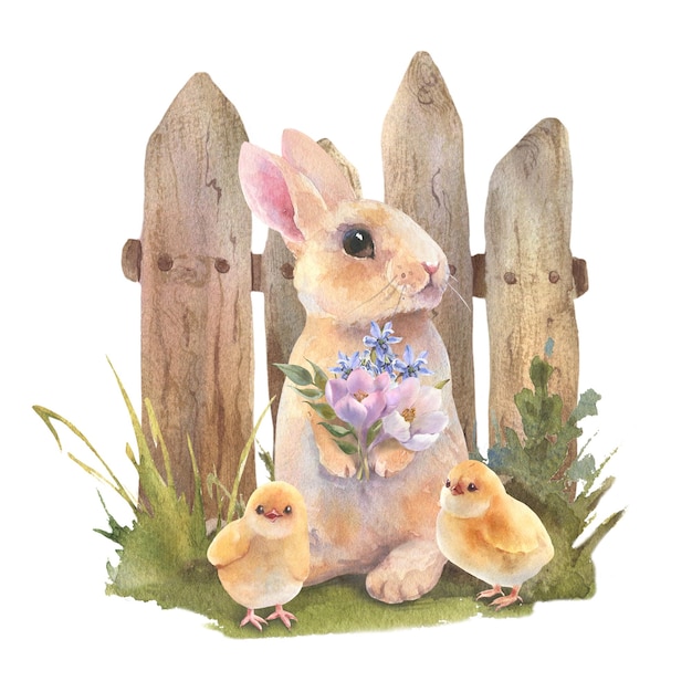 写真 水彩の小さな桃のウサギが木製のフェンスの上の草の上に座っています花束のイースターウサギ