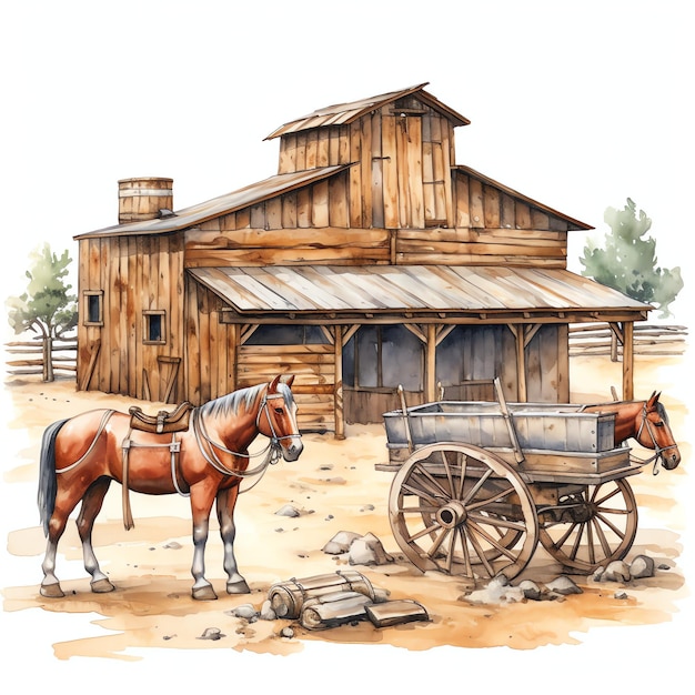 watercolor Livery stable western wild west cowboy desert illustration clipart