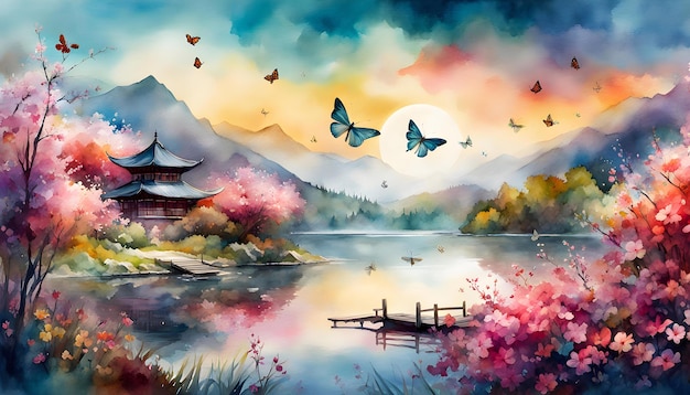 watercolor llustration of a landscape of blossoms flower branches dragonflies and butterflies wit