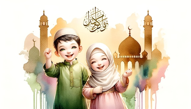 Watercolor llustration for ramadan with a cute boy and girl in traditional attire