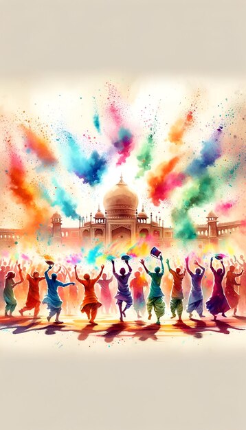 Watercolor llustration of a scene with a people celebrating holi