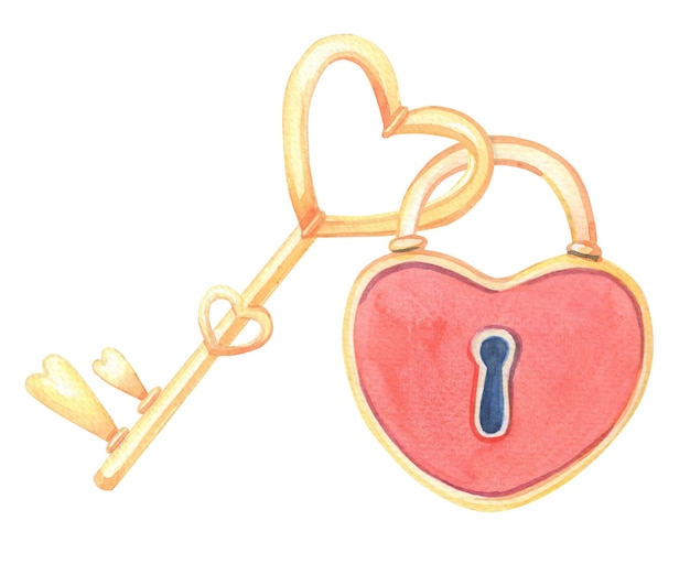 Photo watercolor lock in the form of a red heart and a key on a white background.watercolour illustration for valentine's day.