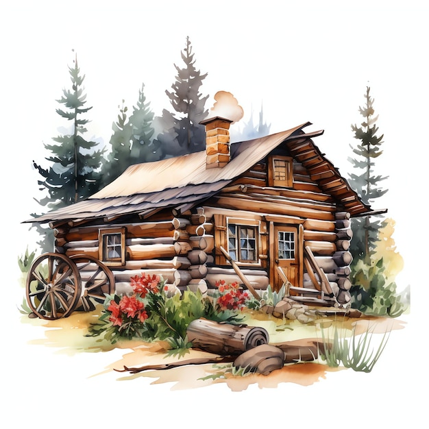 watercolor Log cabin western wild west cowboy desert illustration clipart