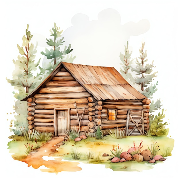 watercolor Log cabin western wild west cowboy desert illustration clipart