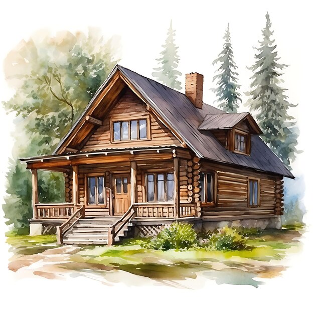 Watercolor Log House Latvia Wood Carvings Wide Porches Water on White Background Aesthetics House