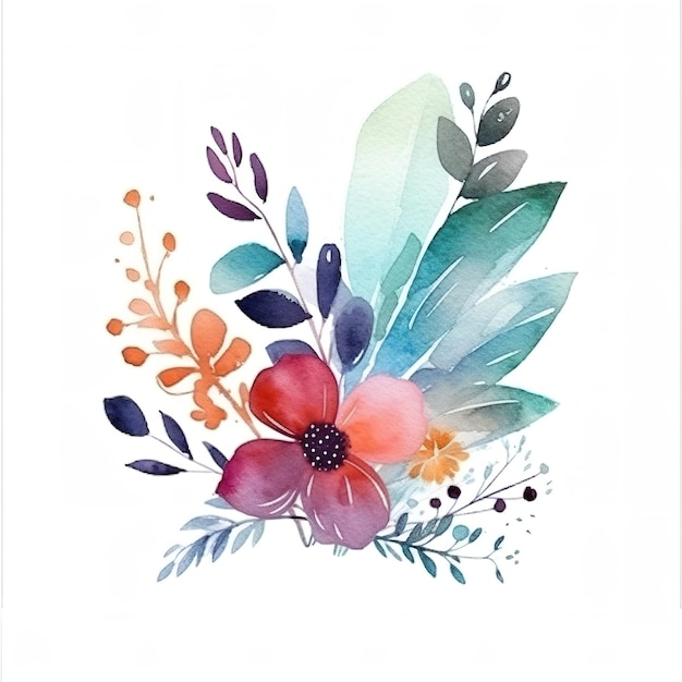 Watercolor logo with flowers and leaves minimal arrangement