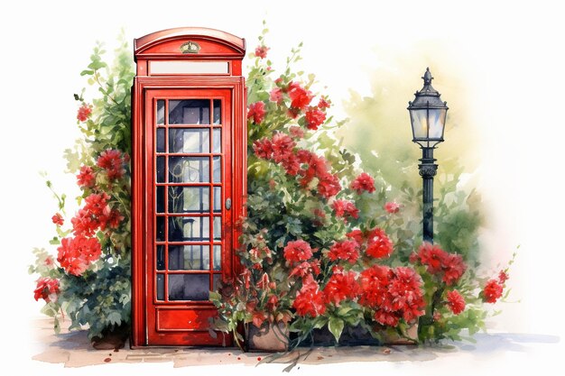 Foto acquerello cabina telefonica rossa di londra con fiori intorno