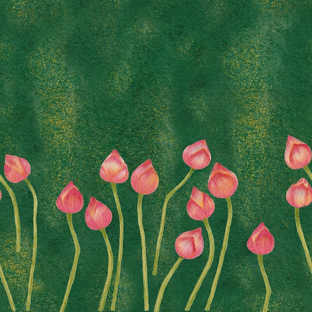 Watercolor lotus flower banner on depp green background