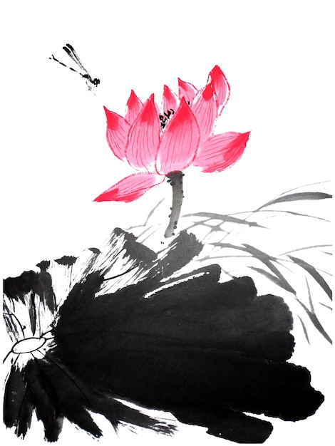 Photo watercolor of lotus flower with dragonfly traditional chinese ink and wash painting