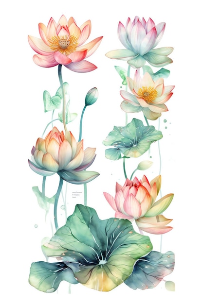 Watercolor lotus flowers on a white background.