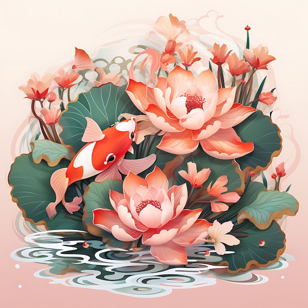 Watercolor of Lotus Leaf Rice With Paper Cut Carp Decorations and Lotus Fl Flat 2D Art Digital