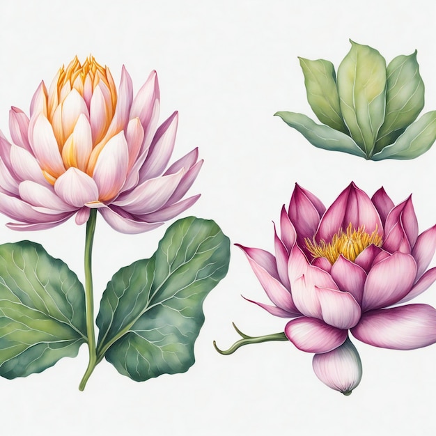 Watercolor lotus on white background hand drawn botanical illustration