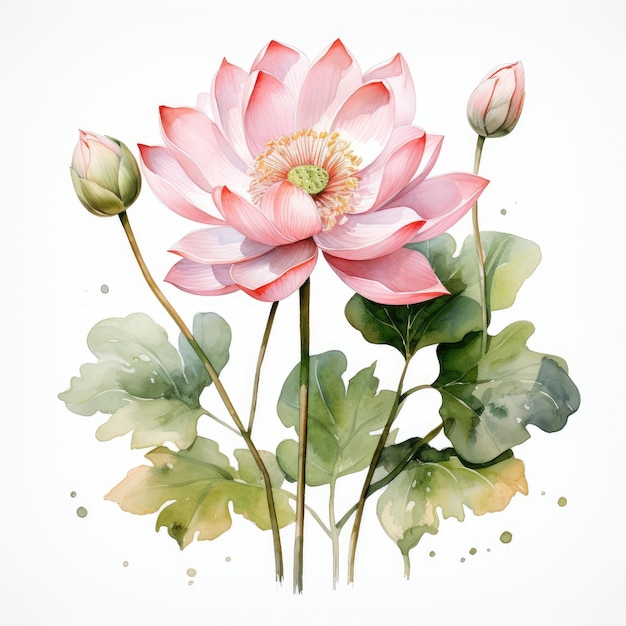 Watercolor Lotus with Buds and Leaf