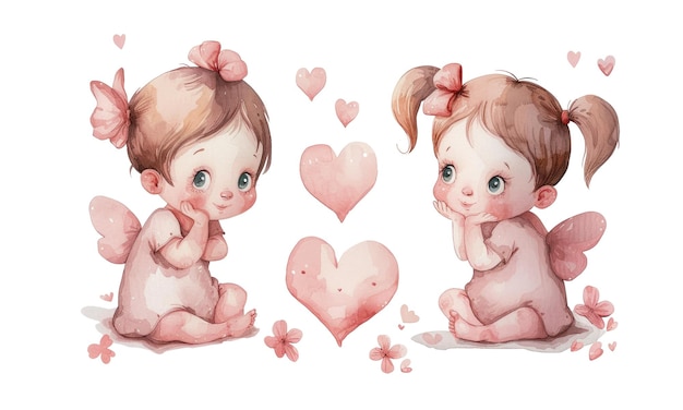 Watercolor love affair Happy Valentine39s Day vector illustration with hearts angels cupid Perfect vector for romantic notes expressing affection and celebrating Love card