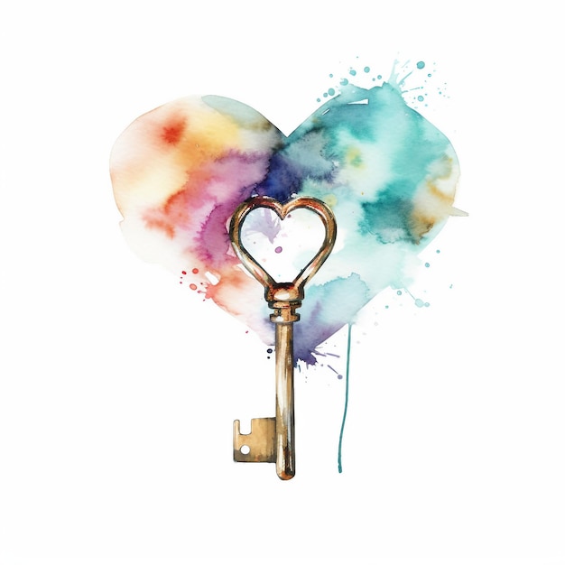 Watercolor love heartshaped key white background AI generate illustration