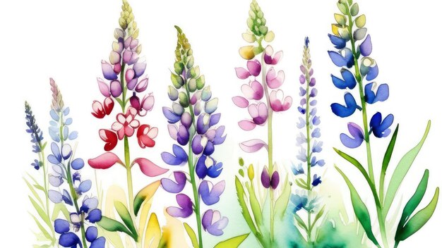 watercolor lupins flowers on white background