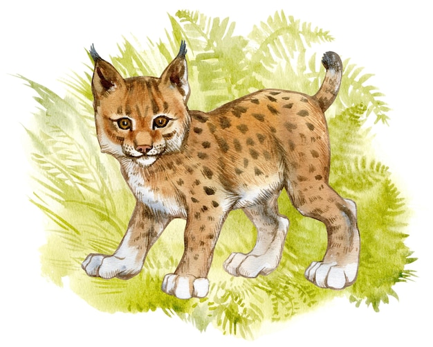 Watercolor lynx cub on green grass Hand Painted Fawn Illustration isolated on white background