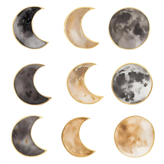 Watercolor magic moons set Dark moon with gold elements Round shaped celestial collection