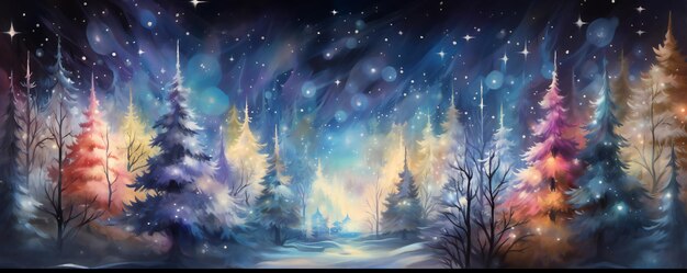 Photo watercolor magical forest with christmas trees and glowing bokeh lights