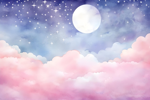 Watercolor magical landscape with pink clouds starry purple sky and full moon painting background