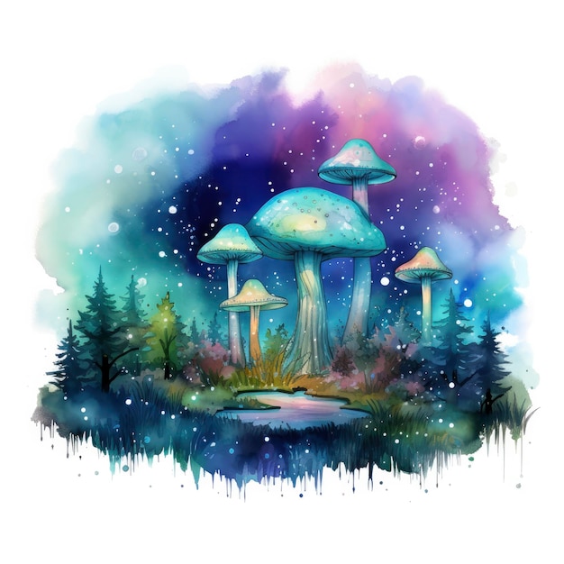 Watercolor Magical Mushrooms for Tshirt Design