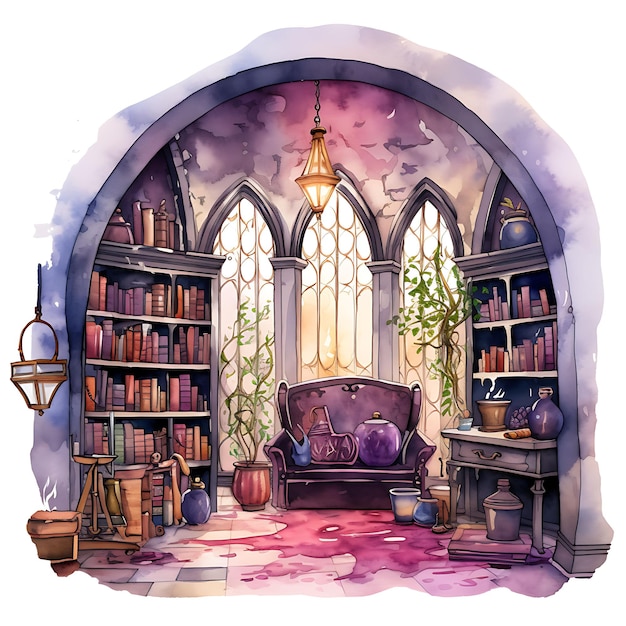 Watercolor of Magical Wizards Lair a Room With a Wizardry Th On White Background With Cozy Place