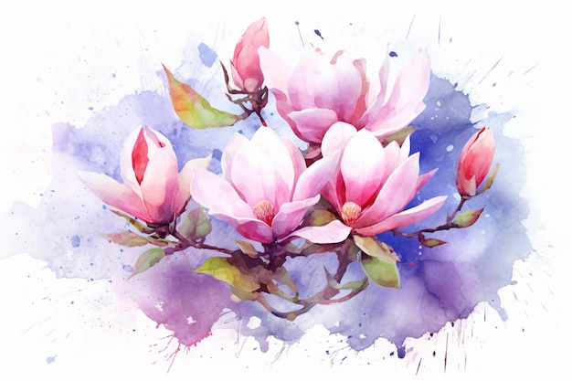 Watercolor Magnolia Flowers Painting Art Ai generative