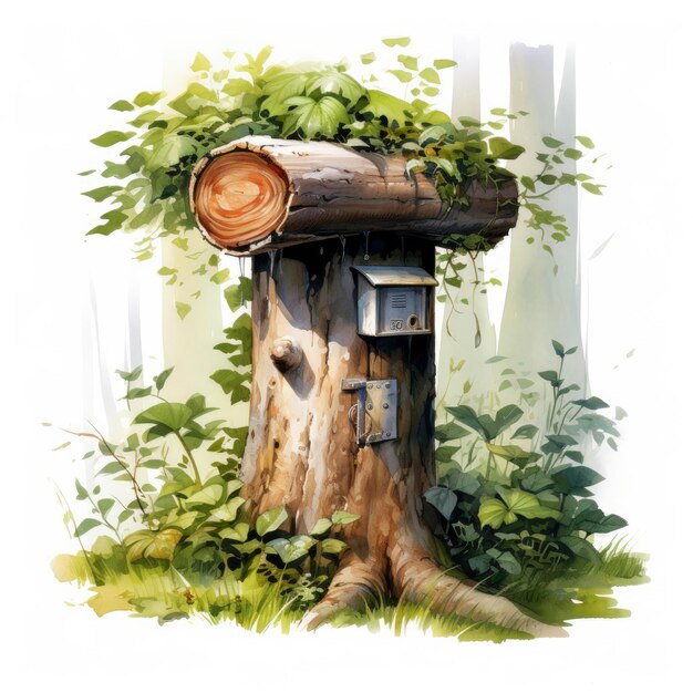 Watercolor mailbox in a tree on a white background