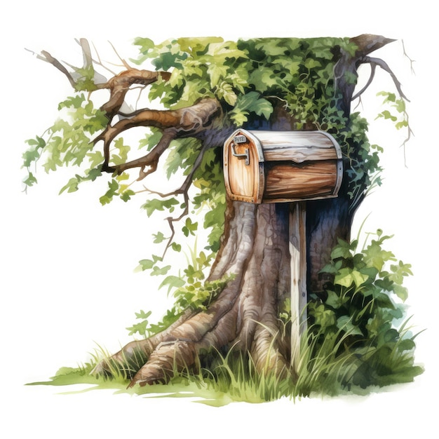 Watercolor mailbox in a tree on a white background