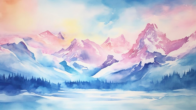 Watercolor Majestic Mountain Range