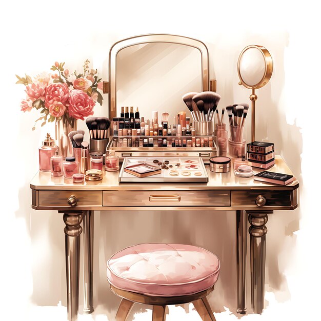 Watercolor makeup artist room with a vanity table a variety of makeup b clipart on white bg ink