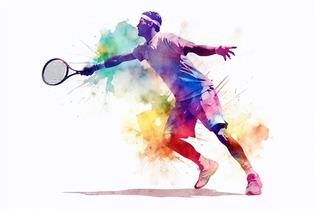 白い背景にテニスをする水彩の男