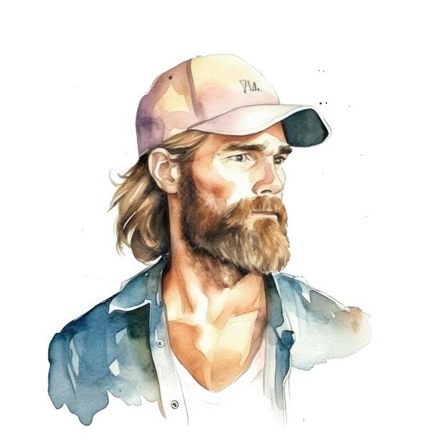 watercolor of a man with a beard and a trucker hat