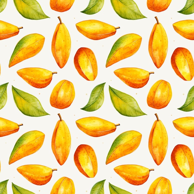 Watercolor Mango Seamless Pattern Aquarelle Yellow Tropical Fruit Cut Creative Watercolor Mango Tile