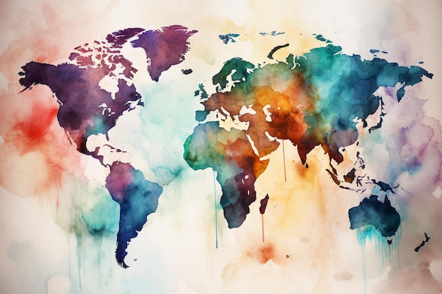 Watercolor map of the world with colorful background