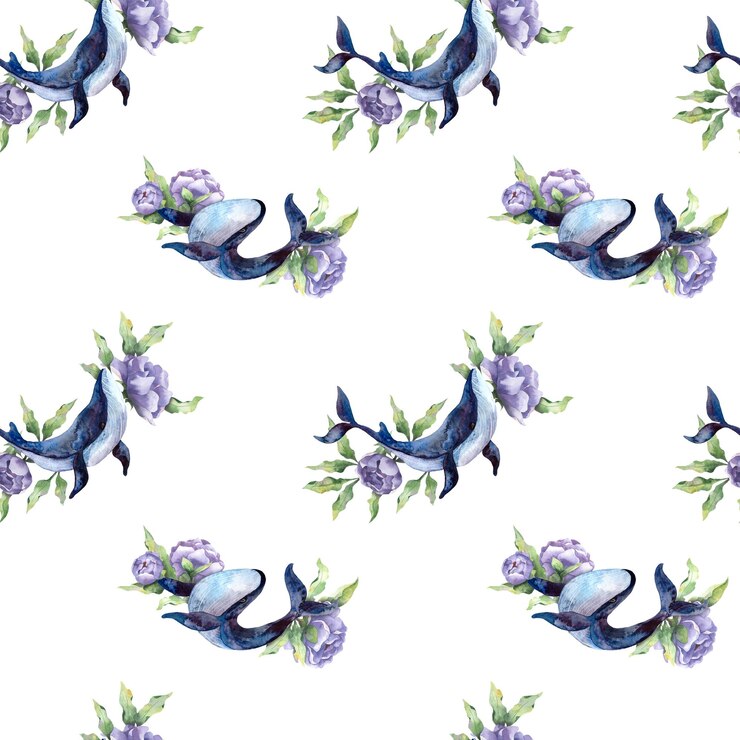 Watercolor marine pattern with blue whales and flowers marine animals botanical illustration