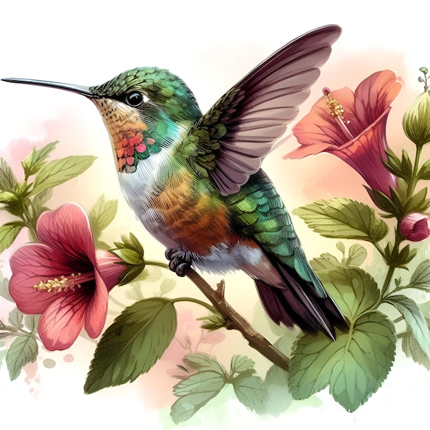 Photo watercolor marker tropical flower background with humminbird colibri birds