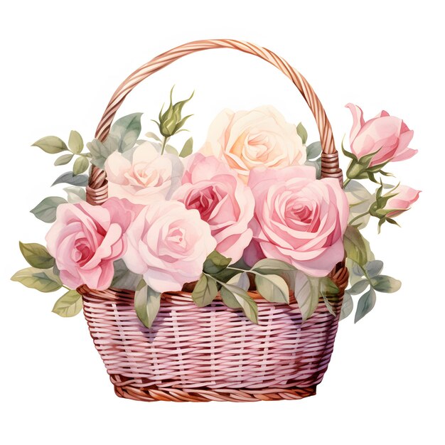 Photo watercolor meadow flowers bouquet in the wicker basket flower backdrop