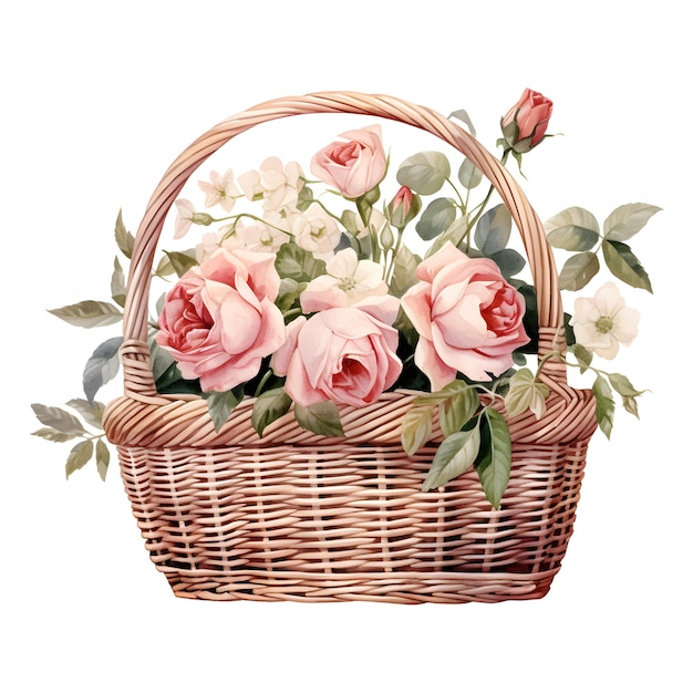 Акварель луговые цветы букет в плетеной корзине цветочный фон