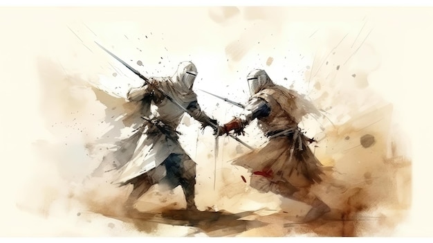 Watercolor of medieval arabian knight and crusader in fight