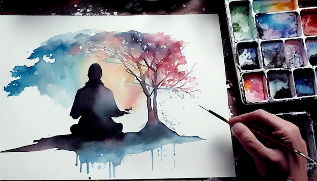 Watercolor meditation and mindfulness lifestyle concept art spiritual awareness mental soul health self care healthy habit Generative AI