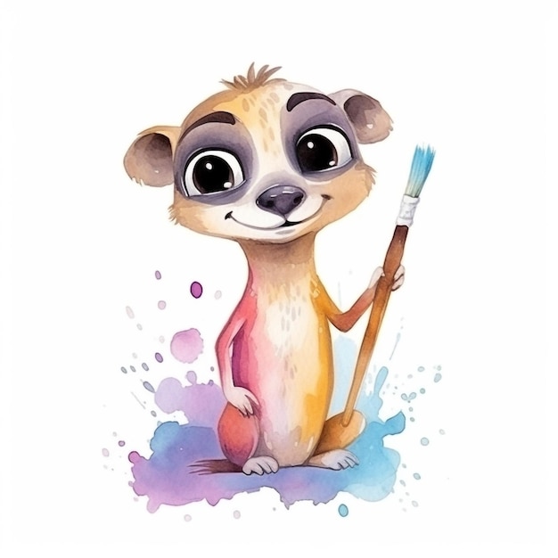 A watercolor meerkat is holding a paintbrush.