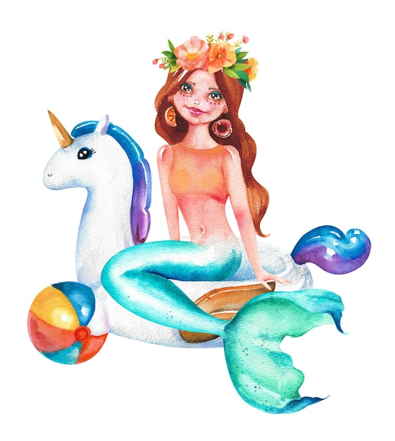 Watercolor mermaid Brownhaired mermaid on an inflatable unicorn with a beach ball