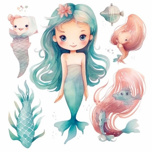 Photo a watercolor mermaid with long hair and fish generative ai