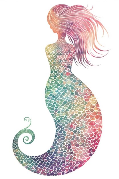 Photo a watercolor mermaid with long hair and a tail generative ai