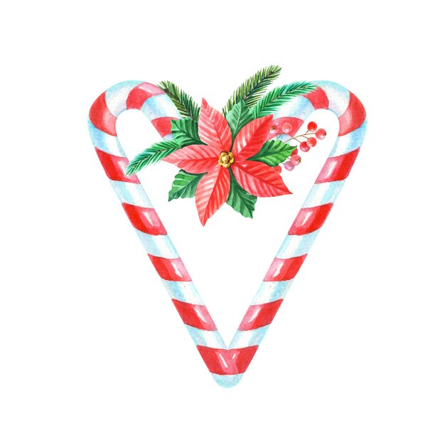 Акварель Счастливого Рождества сердце из конфетных палочек с красной пуансеттией