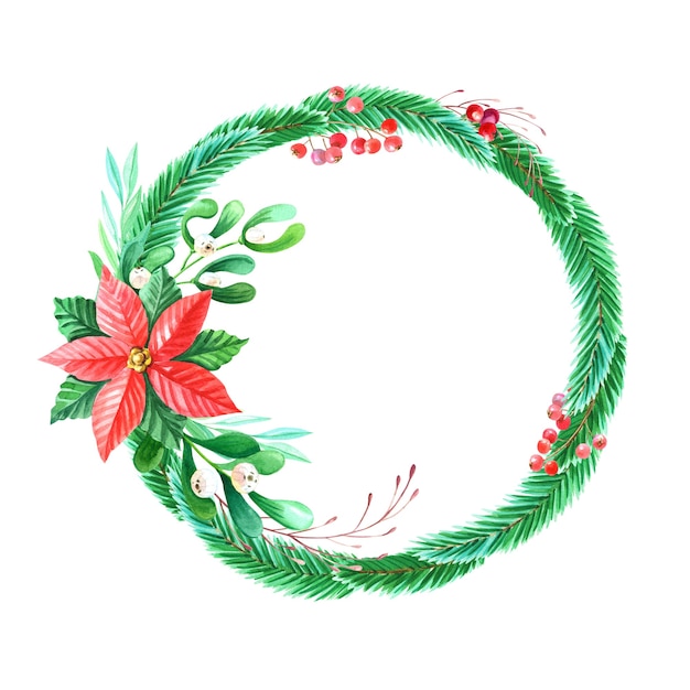 Watercolor Merry Christmas wreath with Red poinsettia